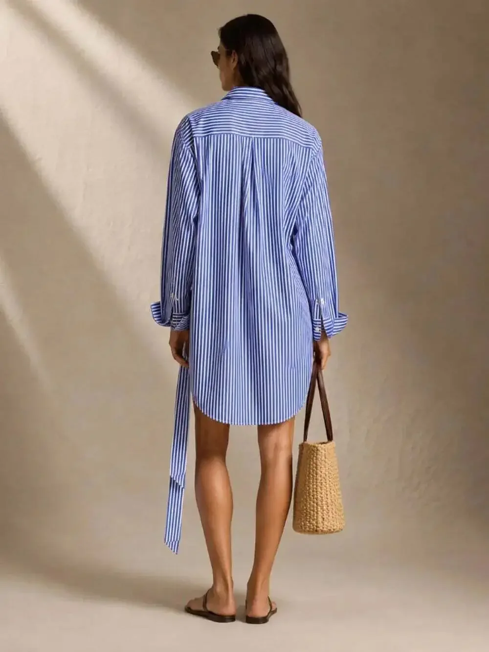 POLO RALPH LAUREN Belted Striped Shirt Dress Sz 12 Blue/White Long Sleeve Button